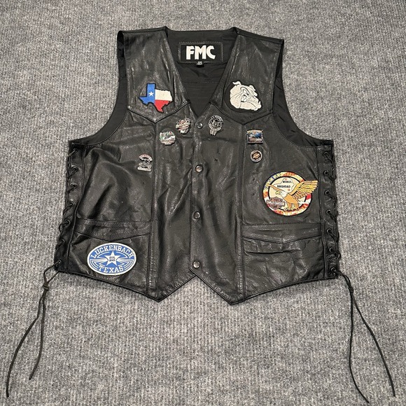 FMC Men's Sz 48 Black Genuine Leather Motorcycle‎ Biker Vest With Pins & Patches